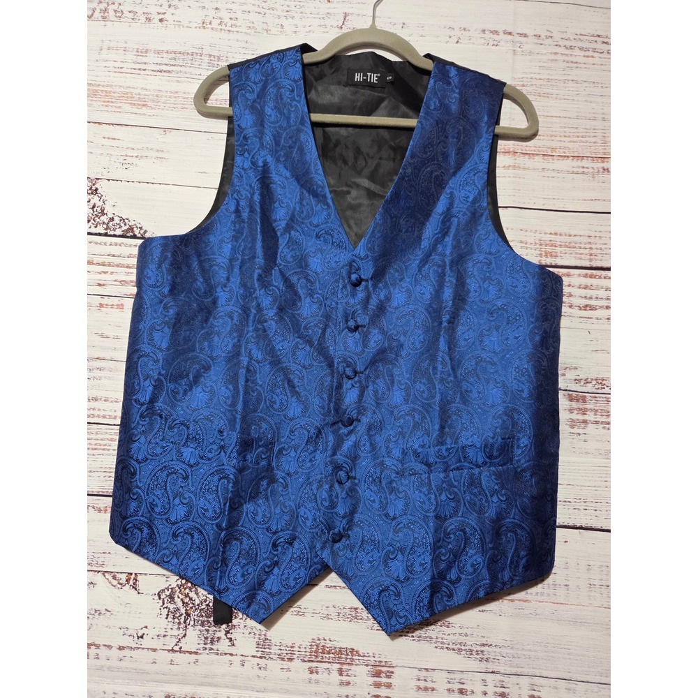 HI-TIE Mens Royal Blue Paisley Formal Vest Waistcoat Adjustable Back Size S